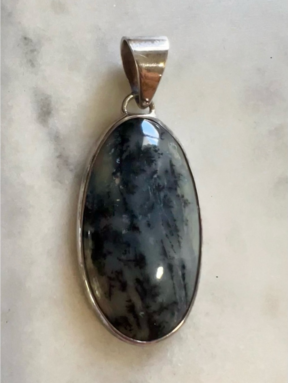 Vintage Sterling Silver Dendritic Agate Pendant 925 Oval Cabochon 2” 9g